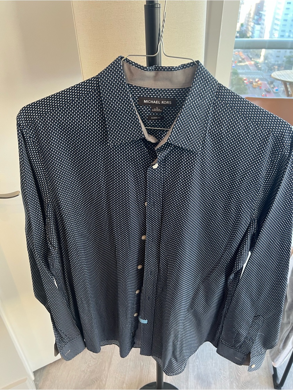 Michael Kors Navy Micro Dot Long-Sleeve Dress Shirt